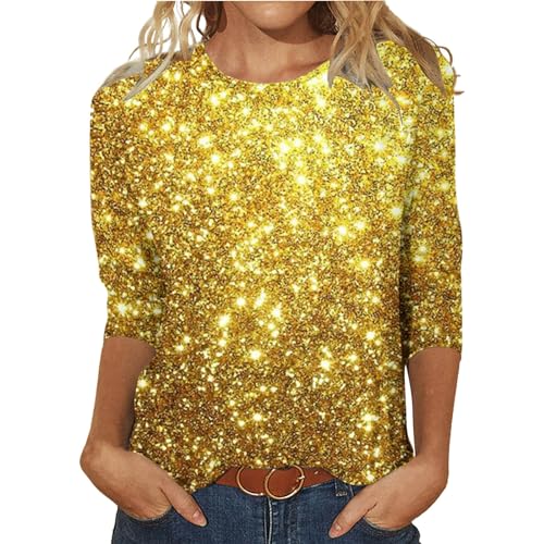 Pailletten Oberteil Damen Langarm rot Damen-T-Shirt mit Pailletten-Design, dreiärmelig, runder Ausschnitt, modisches Oberteil Glitzer Oberteile Damen Party Langarm (Yellow, XXXXL) von UnoSheng