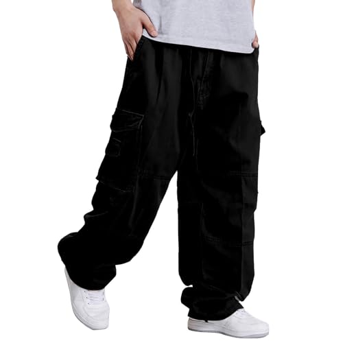 UnoSheng Cargohose Herren Mit Gummizug Hipster Fat Plus Size Hose mit weitem Bein Plus Size Herrenhose Hip Hop Baggy Multi Pocket Cargohose Wanderhosen Herren 48 (Black, XXXXL) von UnoSheng