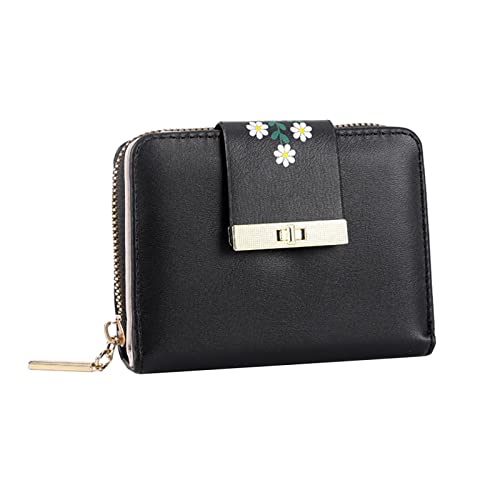 UnoSheng Damen Brieftasche Groß Fashion ID Short Wallet Flowers Print Solid Color Frauen Zipper Purse Mehrere Kartenfächer Clutch Bag Geldbörsen Herren Scheinnadel (Black, One Size) von UnoSheng