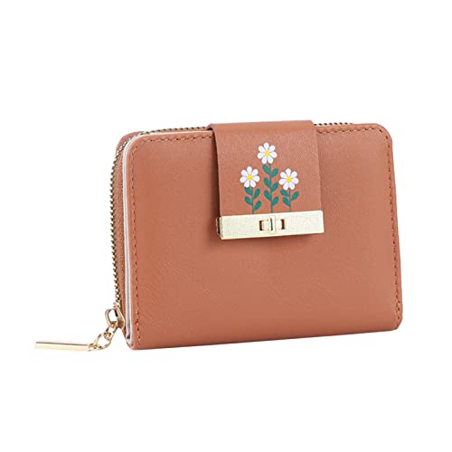 UnoSheng Damen Brieftasche Groß Fashion ID Short Wallet Flowers Print Solid Color Frauen Zipper Purse Mehrere Kartenfächer Clutch Bag Geldbörsen Herren Scheinnadel (Brown, One Size) von UnoSheng