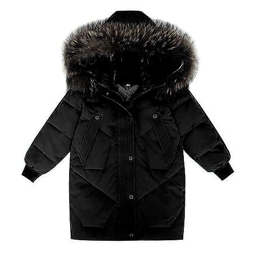 UnoSheng Jacken Winter Kleine/große Kinder Mädchen 2023 Winter Dicken Mantel Mit Kapuze Pelz Kragen Einfarbig Zipper Taste Mantel Mit taschen Daunenjacke Damen Winter (Black, 13-14 Years) von UnoSheng