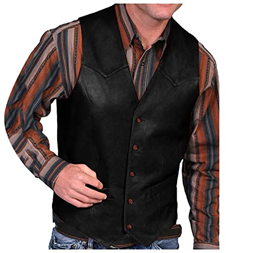 UnoSheng Lederweste Herren Biker Kutte Vintage - Herrenwesten Braun Mittelalter Cowboy Weste Klassisch Vintage Renaissance Viktorianischen Cowboyweste Steampunk-Weste V-Ausschnitt Westen Mit Taschen von UnoSheng