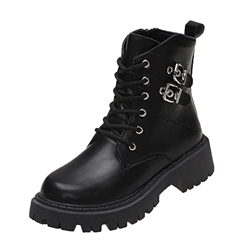 UnoSheng Mädchen 28 Damen britischer Stil einfarbig Kette seitlicher Reißverschluss besohlte modische kurze Stiefel Schwarz Damen Kleiner Absatz (Black-a, 40) von UnoSheng