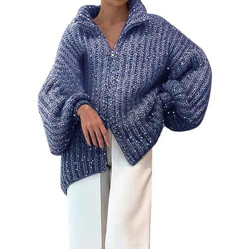 UnoSheng Mode Frauen Pailletten Pullover Oberbekleidung Mantel Glitter Lose Lange Strickjacke Cardigan Eng (Blue, XXL) von UnoSheng