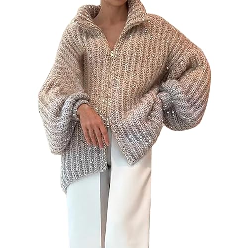 UnoSheng Mode Frauen Pailletten Pullover Oberbekleidung Mantel Glitter Lose Lange Strickjacke Cardigan Eng (White, L) von UnoSheng