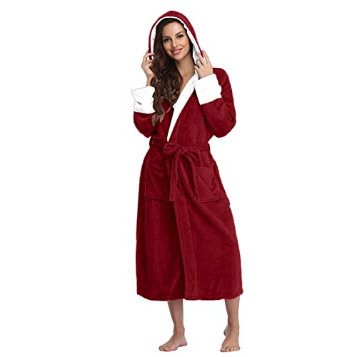 UnoSheng Nachthemd Damen Türkis Damen Kapuzen-Bademäntel Fleece-Bademantel Leichter weicher -langer Flanell-Nachtwäsche-Kapuzen-Bademantel-langer Bademantel Langarm Nachthemden (Red, L) von UnoSheng