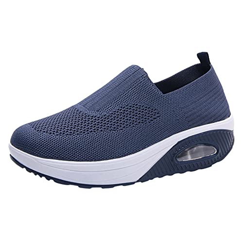 UnoSheng Prinzessin Schuhe Damen Mode Frühling und Sommer Damen Sportschuhe Dicke Untere Fliege Gewebtes Mesh Atmungsaktiver Slip On Leichter Bequemer Einfarbiger Lässiger Stil (Dark Blue, 41) von UnoSheng