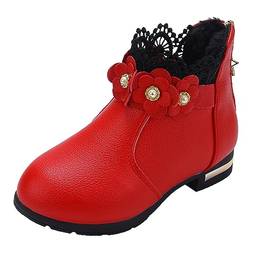 UnoSheng Schneeboots Jungen 37 Kleine/große Kinderschuhe, modische Stiefel, Plüsch, niedrige Röhre, 3D-Blumen-Druck, Lederstiefel Schneeschuhe 36 (Red, 35.5 Big Kids) von UnoSheng