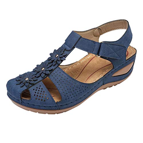 UnoSheng Silber Schuhe Damen Hohle Bequeme Zehen Sandalen weicher Knöchel Mädchen Runde Frauen Frauen Damenschuhe Hohle Bequeme Zehen Schuhe Damen Schuhe Elegant Flach Schwarz (Blue, 39) von UnoSheng