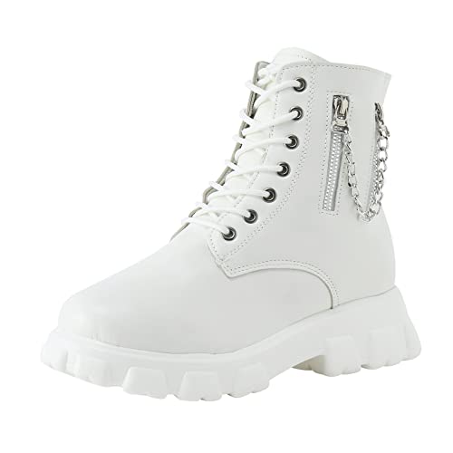 UnoSheng Spann Damen britischer Stil einfarbig Kette seitlicher Reißverschluss besohlte modische kurze Stiefel Damen Stiefeletten 26244-23 (White, 38) von UnoSheng