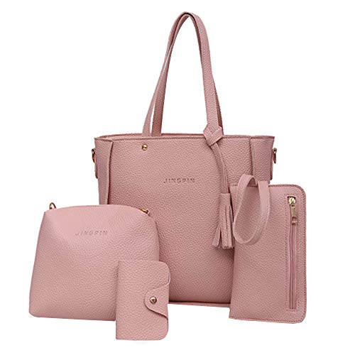 UnoSheng Taschen Beutel Damen 4 Stücke Frauen Muster Lederhandtasche + Umhängetasche + Umhängetasche + Kartenpaket Umhängetaschen Hals (ZZA-Pink, One Size) von UnoSheng