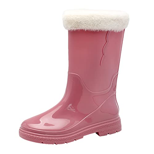 UnoSheng Winter Regenstiefel Damen Warm GefüTtert Rosa Regenschuhe Wasserdicht Gummistiefel Rutschfest Rain Boots Leicht Regenstiefel Einfarbig Outdoor Bequem Angelstiefel Aquaschuhe Stiefel von UnoSheng