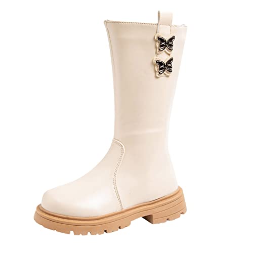 Winterschuhe Kinder 27 Mode Herbst und Winter Kinder Stiefel Mädchen Mittlere Stiefel Dicke Sohlen Wasserdichte Plattform Rutschfest Einfarbig Seitlicher Reißverschluss Bowknot (White, 26 Toddler) von UnoSheng