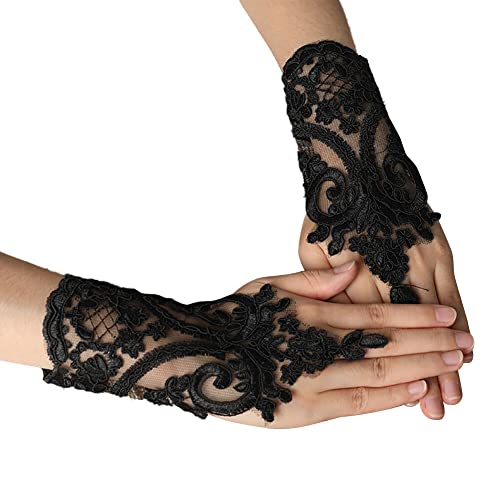 Uposao Frauen Spitze Handschuhe,Kurz Spitzenhandschuhe Hochzeit Braut Hochzeitshandschuhe UV-Schutz Fingerlose Handschuhe Damen Mädchen Party Tea Halloween Karneval Kostüm Zubehör,Schwarz von Uposao