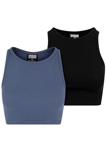 Urban Classics Damen Top Cropped Rib Top 2-Pack, 2er Pack Top für Frauen, kurz geschnitten, Slim Fit, vintageblue+black, M von Urban Classics