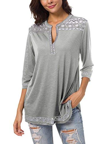 Urban GoCo Damen Böhmen Stickerei V-Ausschnitt Tops Blouse (Hellgrau, L) von Urban GoCo