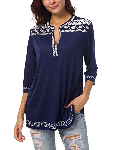 Urban GoCo Damen Böhmen Stickerei V-Ausschnitt Tops Blouse (Navy blau, M) von Urban GoCo