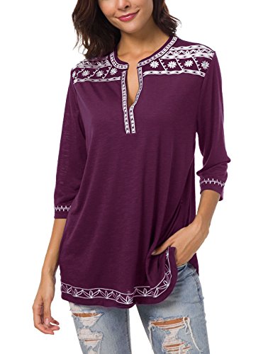 Urban GoCo Damen Böhmen Stickerei V-Ausschnitt Tops Blouse (Traube Lila, 2XL) von Urban GoCo