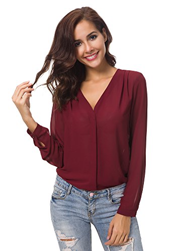 Urbancoco Damen V-Ausschnitt gekräuselten Schulter Langarm Lose Chiffon Blusen (XL, weinrot) von Urban GoCo