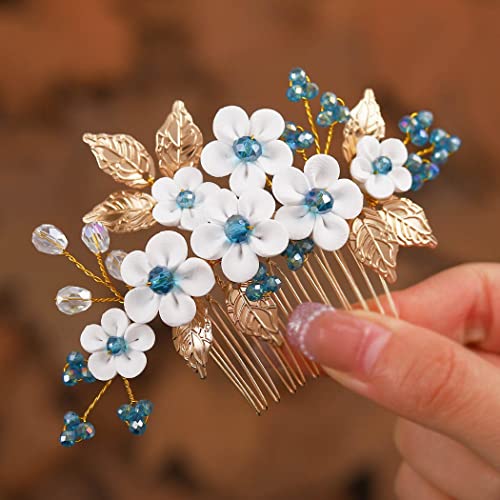 Ushiny Blumen-Haarkamm für Hochzeiten, goldfarben, Haarschmuck, Strass, Brautschmuck, Abschlussball, Seitenkamm für Frauen und Mädchen von Ushiny