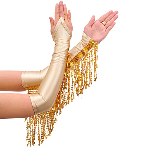Ushiny Pailletten Fransenhandschuhe glitzernder Handschuh fingerlose Quastenhandschuhe, Prom-Rave-Outfit für Frauen und Mädchen (Gold) von Ushiny