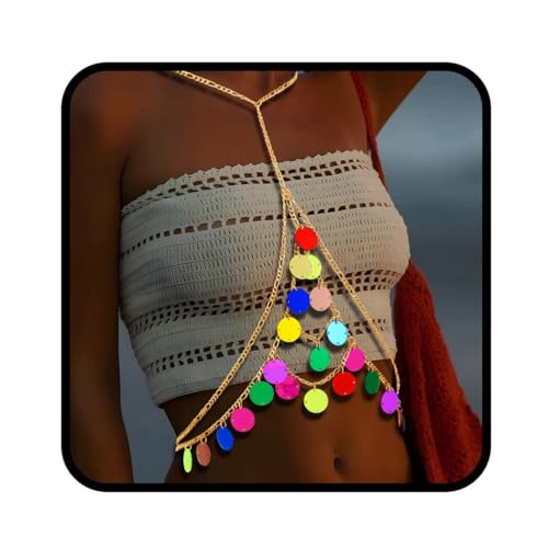 Ushiny Sexy Pailletten Körperkette goldene Brustketten Bikini Rave Accessoires bunte Party Körper Accessoires Strand Körperkette Schmuck für Frauen und Mädchen von Ushiny