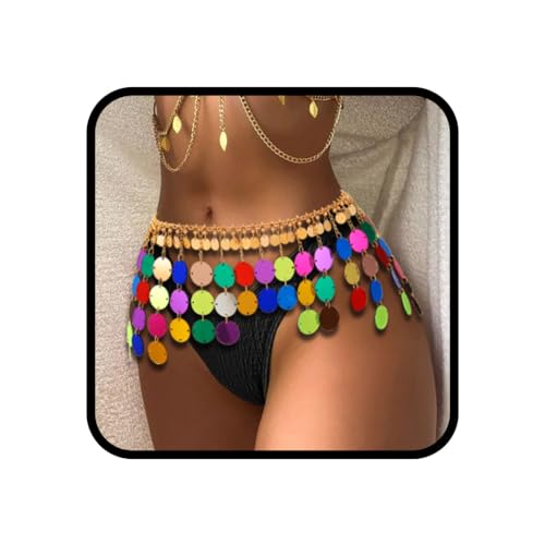 Ushiny Sexy Pailletten Wasit Kette goldene Quasten Körperkette Rave Accessoires Strand Körperschmuck für Frauen und Mädchen von Ushiny