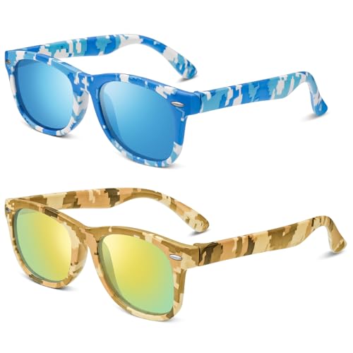 Utensilsto 2 Paare Camo Sonnenbrille für Kinder Gummi Flexible Sonnenbrillen für Jungen Mädchen(Blau weiß und Gelb) von Utensilsto