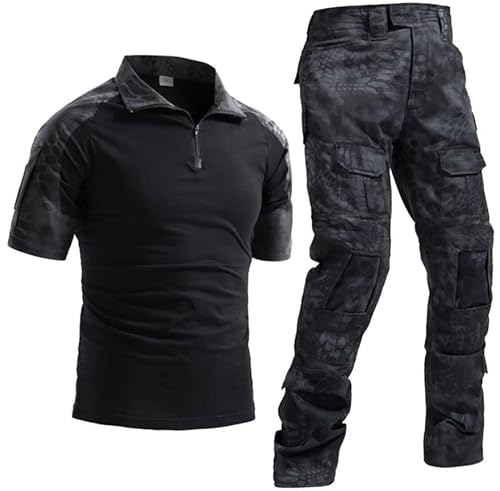 Uugood Sommer Hemd für Herren, Military Shirt Kurzarm Schmal Taktische Anzüge Kampfhemd und Hose Rip-Stop Camouflage Shirt für die Airsoft Jagd Paintball, MSchwarz, L von Uugood