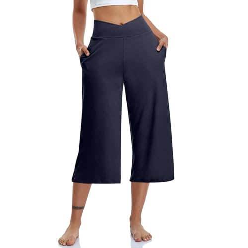 Uwdiohq Damen Billige Yoga-Caprihosen Mit Taschen Für Damen Lässige Stretch Yoga Leggings Mit Hoher Taille Bequeme Hose Mit Weitem Bein Teenager Mädchen Bauchfrei Sommer Women's Freizeit Restposten von Uwdiohq