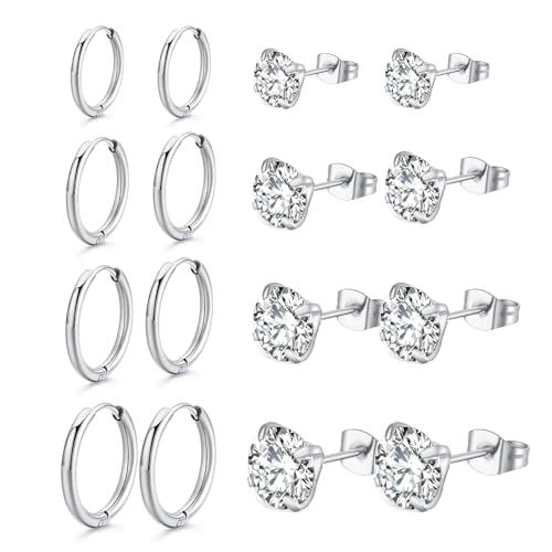 Uwiyo 8 Paar Silber Ohrringe Damen, Edelstahl Silber Creolen Huggie Ohrringe Ohrstecker mit Zirkonia kleine Schlafknorpel Studs Piercings für Damen Mädchen von Uwiyo