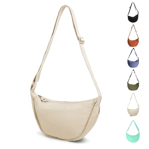 Uwiyo Crossbody Bag Damen Nylon Halbmond Schultertasche Hobo Halfmoon Bag Dumpling Umhängetasche Einfarbige Schultertasche mit verstellbarer Schultergurt für Damen Mädchen (Beige) von Uwiyo