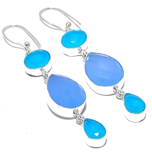 Blaue Chalcedon-Tropfenohrringe, handgefertigt, 5,1 cm, für Mädchen und Frauen, 925er Sterlingsilber vergoldeter Schmuck von VACHEE 2403 von VACHEE