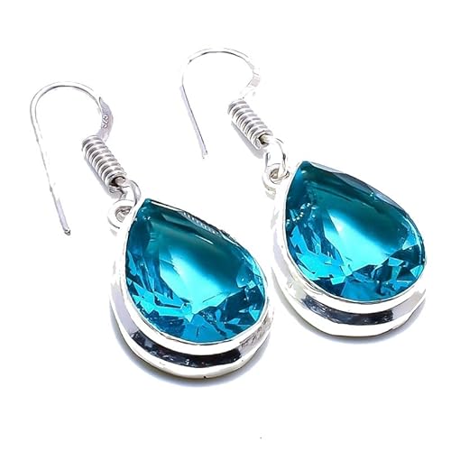 Blauer Schweizer Topas Quarz handgemachte Tropfenohrringe 1,58" für Mädchen Frauen 925 Sterling Silber vergoldet Schmuck von VACHEE 2676 von VACHEE