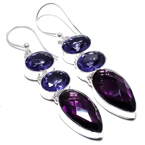 Lila Amethyst Quarz Tropfen Ohrringe handgefertigt 2" für Mädchen Frauen 925 Sterling Silber vergoldet Schmuck von VACHEE 2454 von VACHEE