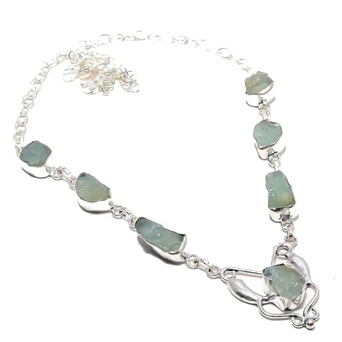 VACHEE Aqua Blue Chalcedony Rough Rock Handmade Collar Necklace 18" for girls women 925 Sterling Silver Plated Jewelry 922 von VACHEE