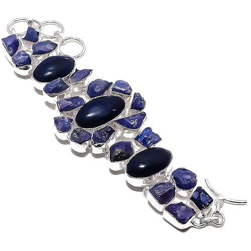 VACHEE Blau gefärbter Saphir, Tansanit-Quarz-Rough-Rock-Heavy-Armband 7-8" lang für Mädchen und Frauen, 925er Sterlingsilber plattierter Schmuck 1414 von VACHEE