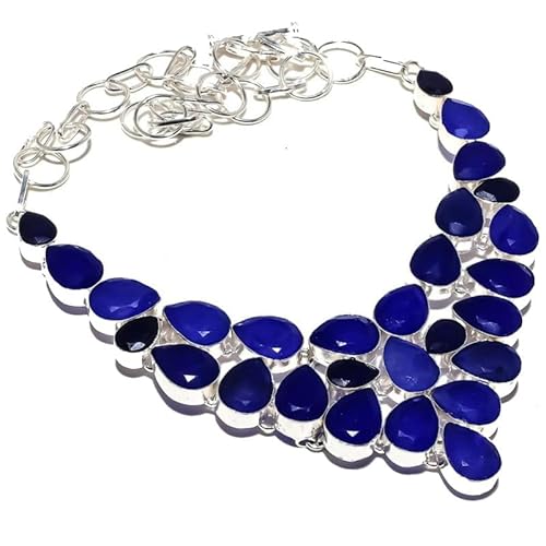 VACHEE Blau gefärbter Saphir, handgefertigte schwere Halskette, 45,7 cm, für Mädchen und Frauen, 925er Sterlingsilber vergoldeter Schmuck 749 von VACHEE