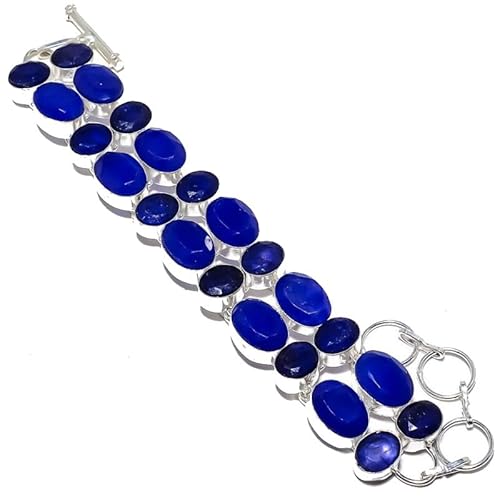 VACHEE Blau gefärbter Saphir, handgefertigtes schweres Armband, 17,8–22,9 cm, für Mädchen und Frauen, 925er Sterlingsilber vergoldeter Schmuck 2128 von VACHEE