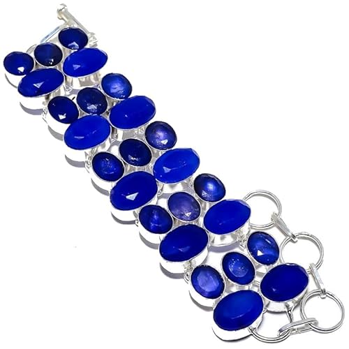 VACHEE Blau gefärbter Saphir, handgefertigtes schweres Armband, 17,8–22,9 cm, für Mädchen und Frauen, 925er Sterlingsilber vergoldeter Schmuck 2273 von VACHEE