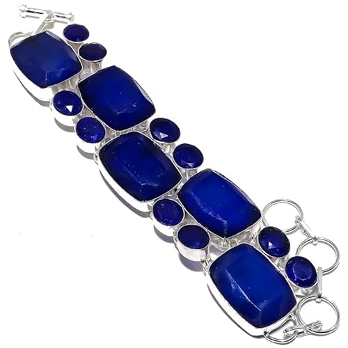 VACHEE Blau gefärbter Saphir, handgefertigtes schweres Armband, 17,8–22,9 cm, für Mädchen und Frauen, 925er-Sterlingsilber vergoldeter Schmuck 2291 von VACHEE