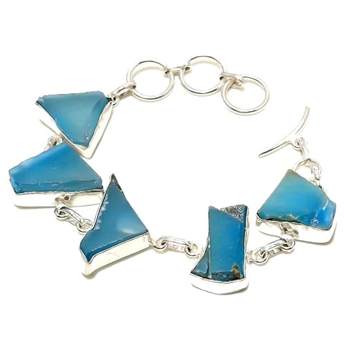 VACHEE Blauer Aqua-Chalcedon, ungeschnitten, handgefertigt, fünf Spannzangen-Armbänder, 17,8–22,9 cm, für Mädchen und Frauen, 925er Sterlingsilber vergoldeter Schmuck 3482 von VACHEE