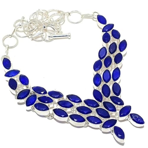 VACHEE Blauer Burmise-Saphir, handgefertigt, schwere Halskette, 45,7 cm, für Mädchen und Frauen, 925er-Sterlingsilber vergoldeter Schmuck 2882 von VACHEE