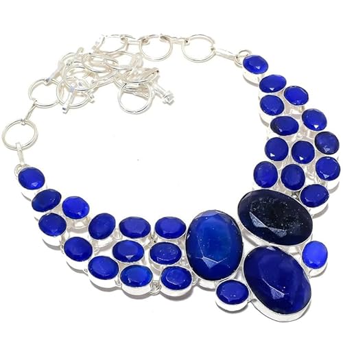 VACHEE Blauer Burmise-Saphir, handgefertigt, schwere Halskette, 45,7 cm, für Mädchen und Frauen, 925er-Sterlingsilber vergoldeter Schmuck 3022 von VACHEE