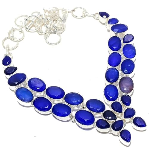 VACHEE Blauer Burmise-Saphir, handgefertigt, schwere Halskette, 45,7 cm, für Mädchen und Frauen, 925er-Sterlingsilber vergoldeter Schmuck 3156 von VACHEE