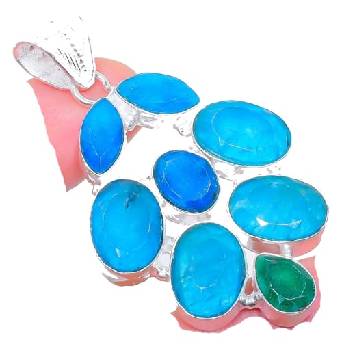 VACHEE Blauer Chalcedon, grüner Skodamin-Smaragd, handgefertigter Anhänger mit mehreren Steinen, 2 Zoll, für Mädchen und Frauen, 925 Sterling-Silber-plattierter Schmuck 3387 von VACHEE