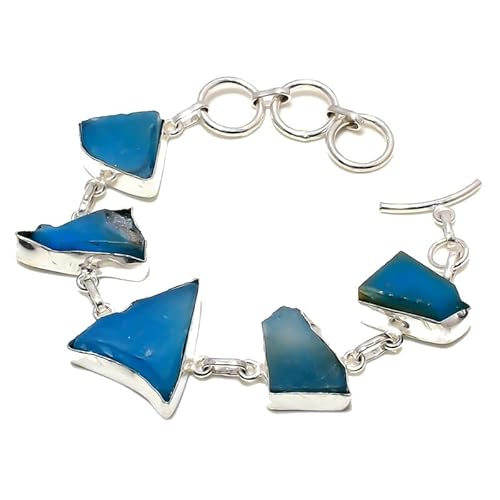 VACHEE Blauer Chalcedon, handgefertigtes Armband mit fünf Spannzangen-Edelsteinen, 17,8–22,9 cm, für Mädchen und Frauen, 925er-Sterlingsilber vergoldeter Schmuck 3357 von VACHEE