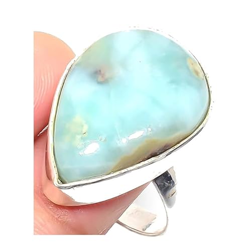 VACHEE Blauer dominikanischer republikanischer Larimar handgefertigter verstellbarer Ring für Mädchen und Frauen, Größe 7 US, 925er Sterlingsilber vergoldeter Schmuck 2289 von VACHEE