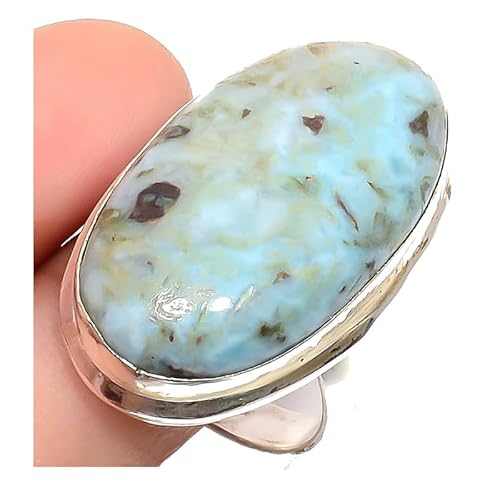 VACHEE Blauer karibischer Larimar-handgefertigter verstellbarer Ring für Mädchen und Frauen, Größe 7 US, 925er Sterlingsilber vergoldeter Schmuck 1643 von VACHEE