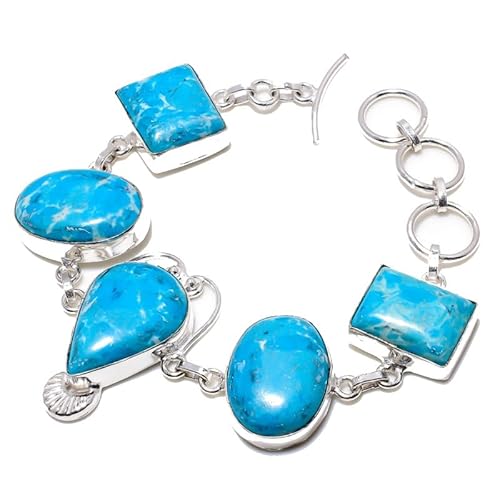 VACHEE Blaues Larimar-Armband mit fünf Collet-Edelsteinen, handgefertigt, 17,8–22,9 cm, für Mädchen und Frauen, 925er-Sterlingsilber vergoldeter Schmuck 4022 von VACHEE